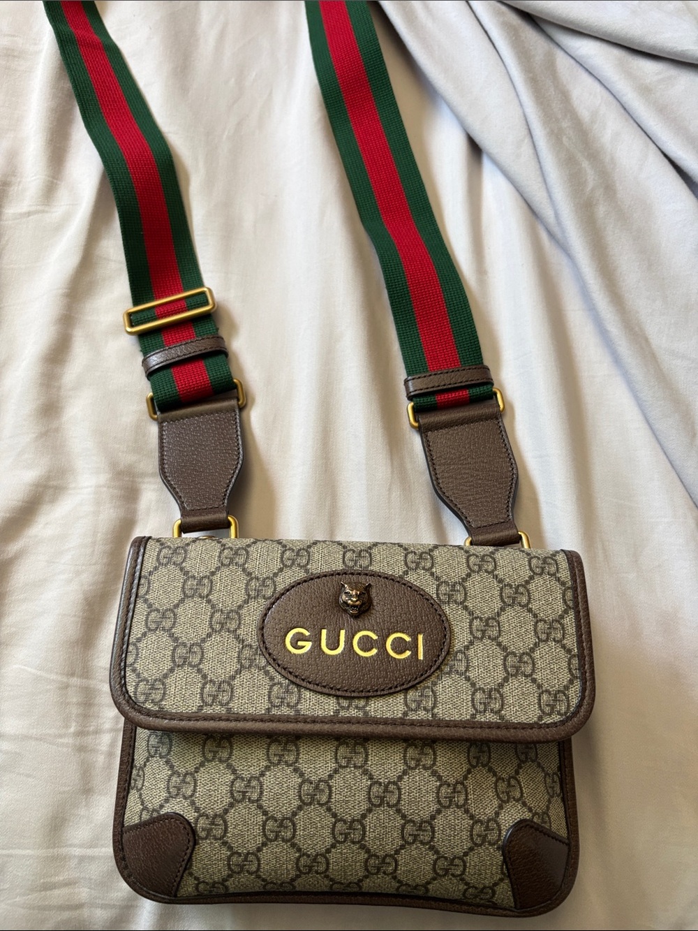 Gucci Beige Monogram Canvas Shoulder Bag with Green-Red Web Strap